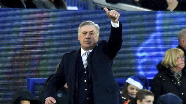 Everton manager Carlo Ancelotti gestures on the touchline during the English Premier League soccer match between Everton and Burnley at Goodison Park, Liverpool, England, Thursday Dec. 26, 2019. (Anthony Devlin/PA via AP)