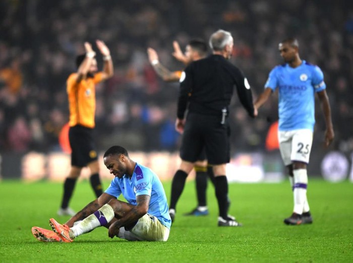 WOLVERHAMPTON, ENGLAND - DECEMBER 27: Raheem Sterling of Manchester CIty reacts at full-time during the Premier League match between Wolverhampton Wanderers and Manchester City at Molineux on December 27, 2019 in Wolverhampton, United Kingdom. (Photo by Shaun Botterill/Getty Images)