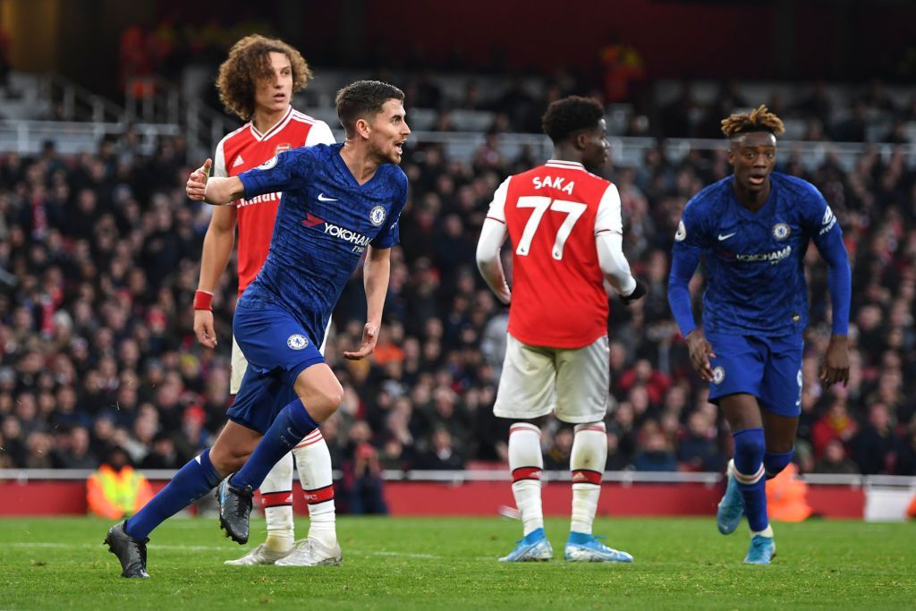 LONDON, ENGLAND - DECEMBER 29: Jorginho of Chelsea celebrates after scoring his sides first goal during the Premier League match between Arsenal FC and Chelsea FC at Emirates Stadium on December 29, 2019 in London, United Kingdom. (Photo by Shaun Botterill/Getty Images)