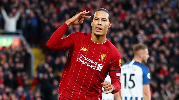 Liverpool FC v Brighton & Hove Albion - Premier League
LIVERPOOL, ENGLAND - NOVEMBER 30: Virgil van Dijk of Liverpool celebrates after scoring his teams first goal during the Premier League match between Liverpool FC and Brighton & Hove Albion at Anfield on November 30, 2019 in Liverpool, United Kingdom. (Photo by Clive Brunskill/Getty Images)