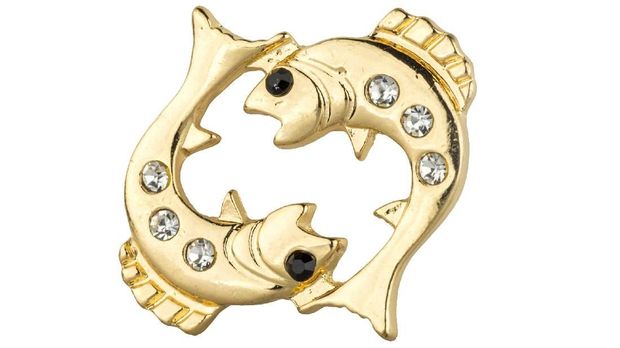 Woman zodiac brooches. Beautiful collection of brooches in the shape of the zodiac signs, gold with diamonds, isolated on white background, clipping paths included