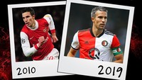 Robin Van Persie di masa keemasannya bersama Arsenal dan di jelang akhir kariernya pada 2019 (ist)