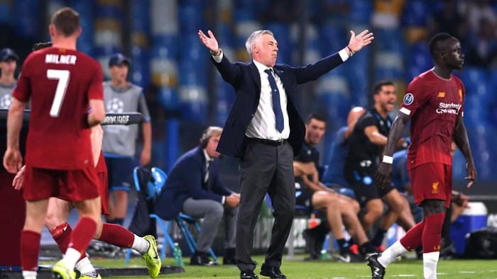 NAPLES, ITALY - SEPTEMBER 17:  Carlo Ancelotti head coach of Napoli reactsduring the UEFA Champions League group E match between SSC Napoli and Liverpool FC at Stadio San Paolo on September 17, 2019 in Naples, Italy. (Photo by Laurence Griffiths/Getty Images)