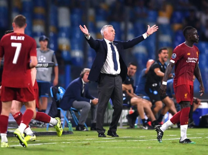 NAPLES, ITALY - SEPTEMBER 17:  Carlo Ancelotti head coach of Napoli reactsduring the UEFA Champions League group E match between SSC Napoli and Liverpool FC at Stadio San Paolo on September 17, 2019 in Naples, Italy. (Photo by Laurence Griffiths/Getty Images)