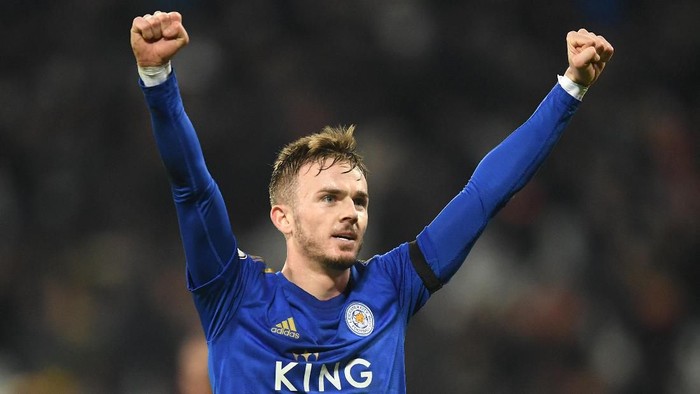 LONDON, ENGLAND - DECEMBER 28: James Maddison of Leicester City celebrates following the Premier League match between West Ham United and Leicester City at London Stadium on December 28, 2019 in London, United Kingdom. (Photo by Michael Regan/Getty Images)