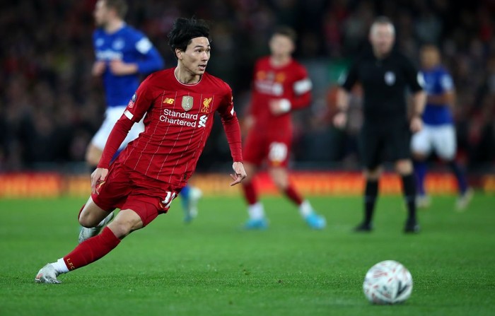 LIVERPOOL, ENGLAND - JANUARY 05: Takumi Minamino of Liverpool in action during the FA Cup Third Round match between Liverpool FC and Everton FC at Anfield on January 05, 2020 in Liverpool, England. (Photo by Clive Brunskill/Getty Images)