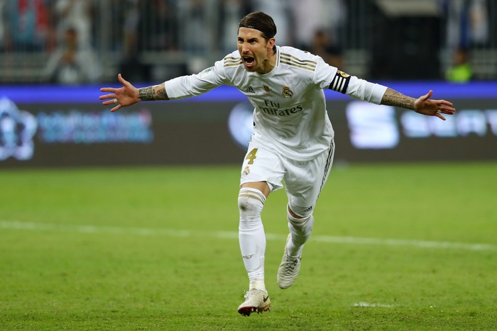 JEDDAH, SAUDI ARABIA - JANUARY 12: Sergio Ramos of Real Madrid celebrates after scoring from the penalty spot for his teams victory in the Supercopa de Espana Final match between Real Madrid and Club Atletico de Madrid at King Abdullah Sports City on January 12, 2020 in Jeddah, Saudi Arabia. (Photo by Francois Nel/Getty Images)