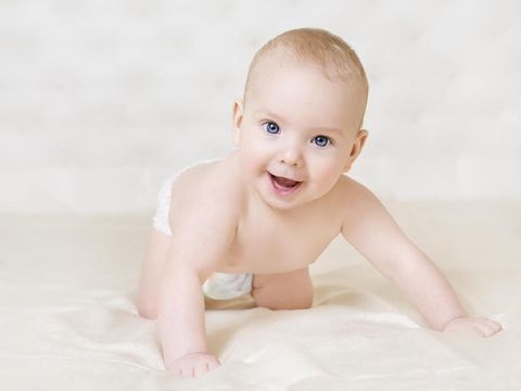 Crawling Baby, Happy Kid Boy Indoors Portrait, Smiling Infant Child Boy Crawl in Diaper over white background