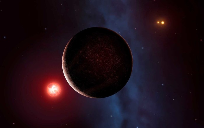 Super-Earth Proxima is the nearest star to the Sun. It is a dim red dwarf, smaller than our Sun and many thousands of times fainter. Here we see it seen with an orbiting rocky planet, recently discovered. To the right you can also make out Alpha Centauri, which is a binary star with two Sun-like components. The Alpha Centauri pair orbit each other quite closely, while Proxima orbits this pair much further out, forming a triple star system