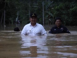 Saat Bupati Dharmasraya Sumbar Tembus Banjir Setinggi Dada