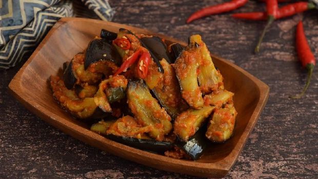 Terong Balado, Indonesian food. Fried eggplant with chili sauce