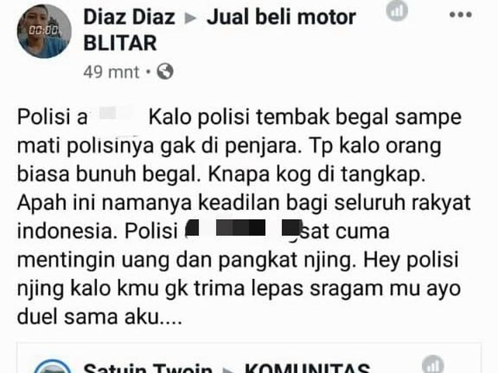 Akun yang Hina Polisi Soal Pelajar Bunuh Begal Ternyata Catut Identitas Orang Akun yang Hina Polisi Soal Pelajar Bunuh Begal Ternyata Catut Identitas Orang