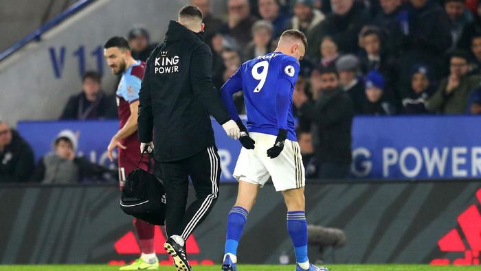 Jamie Vardy cedera di laga Leicester vs West Ham (Foto: Catherine Ivill/Getty Images)