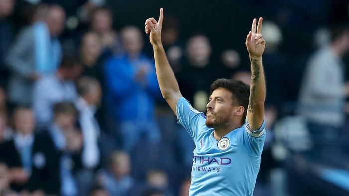 MANCHESTER, ENGLAND - SEPTEMBER 21: David Silva of Manchester City (21) celebrates as he scores his teams first goal during the Premier League match between Manchester City and Watford FC at Etihad Stadium on September 21, 2019 in Manchester, United Kingdom. (Photo by Alex Livesey/Getty Images)