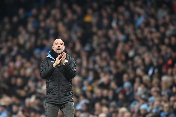 Pep Guardiola MANCHESTER, ENGLAND - JANUARY 01: Pep Guardiola, Manager of Manchester City gives his team instructions during the Premier League match between Manchester City and Everton FC at Etihad Stadium on January 01, 2020 in Manchester, United Kingdom. (Photo by Michael Regan/Getty Images)