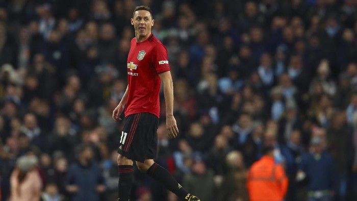 Manchester Uniteds Nemanja Matic leaves the field after being shown a second yellow card during the English League Cup semifinal second leg soccer match between Manchester City and Manchester United at Etihad stadium in Manchester, England, Wednesday, Jan. 29, 2020. (AP Photo/Dave Thompson)