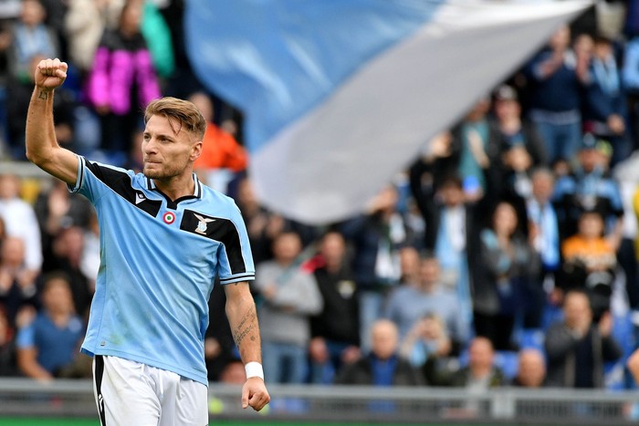 ROME, ITALY - FEBRUARY 02: Ciro Immobile of SS Lazio celebrates a third goal during the Serie A match between SS Lazio and SPAL at Stadio Olimpico on February 02, 2020 in Rome, Italy. (Photo by Marco Rosi/Getty Images)