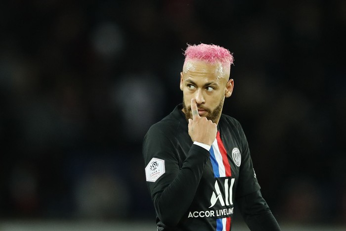 PSGs Neymar reacts during the French League One soccer match between Paris-Saint-Germain and Montpellier at the Parc des Princes stadium in Paris, Saturday Feb. 1, 2020. (AP Photo/Christophe Ena)