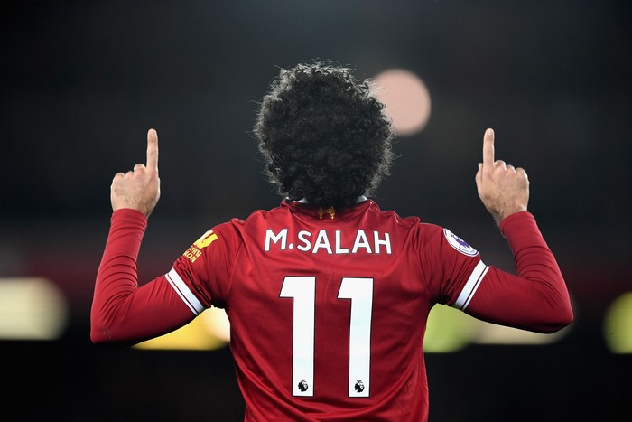 LIVERPOOL, ENGLAND - NOVEMBER 25:  Mohamed Salah of Liverpool celebrates scoring his sides first goal during the Premier League match between Liverpool and Chelsea at Anfield on November 25, 2017 in Liverpool, England.  (Photo by Shaun Botterill/Getty Images)