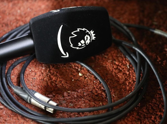 WOLVERHAMPTON, ENGLAND - DECEMBER 04: Detail view of the Premier League badge and Amazon Prime logo on a microphone ahead of the Premier League match between Wolverhampton Wanderers and West Ham United at Molineux on December 04, 2019 in Wolverhampton, United Kingdom. (Photo by Catherine Ivill/Getty Images)