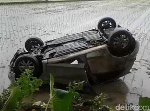 Gagal Nyalip, Mobil Terjun ke Sawah di Pangandaran