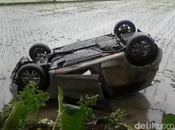 Gagal Nyalip, Mobil Terjun ke Sawah di Pangandaran