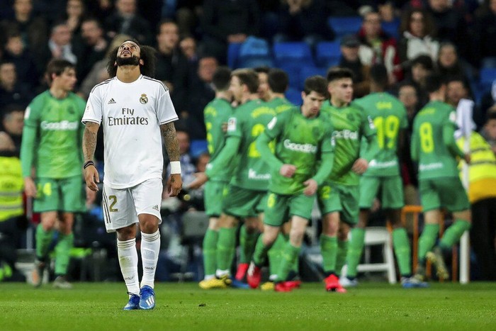 Real Madrids Marcelo reacts during a Spanish Copa del Rey soccer match between Real Madrid and Real Sociedad at the Santiago Bernabeu stadium in Madrid, Spain, Thursday, Feb. 6, 2020. (AP Photo/Manu Fernandez)