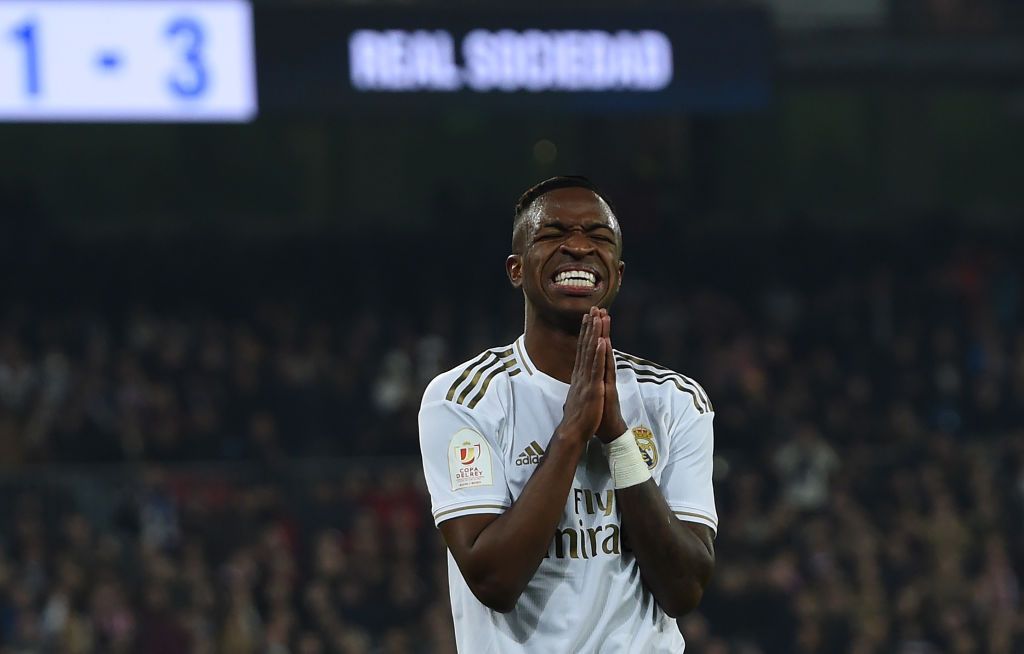 MADRID, SPAIN - FEBRUARY 06: Vinicius Junior of Real Madrid reacts during the Copa del Rey Quarter Final at Estadio Santiago Bernabeu on February 06, 2020 in Madrid, Spain. (Photo by Denis Doyle/Getty Images)