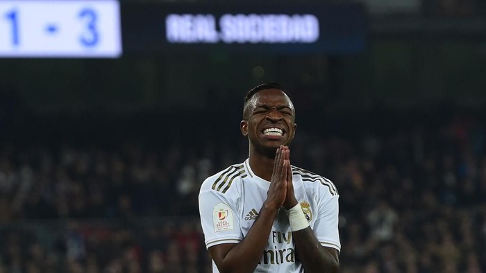 MADRID, SPAIN - FEBRUARY 06: Vinicius Junior of Real Madrid reacts during the Copa del Rey Quarter Final at Estadio Santiago Bernabeu on February 06, 2020 in Madrid, Spain. (Photo by Denis Doyle/Getty Images)