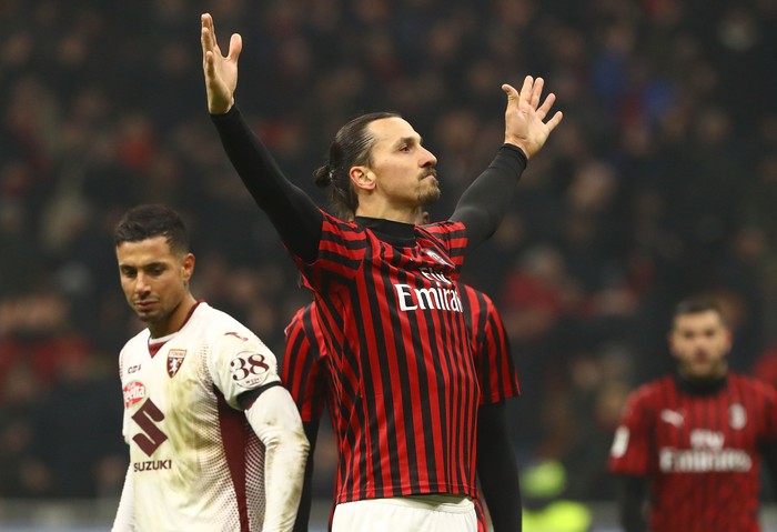 MILAN, ITALY - JANUARY 28:  Zlatan Ibrahimovic of AC Milan celebrates his goal during the Coppa Italia Quarter Final match between AC Milan and Torino at San Siro on January 28, 2020 in Milan, Italy.  (Photo by Marco Luzzani/Getty Images)