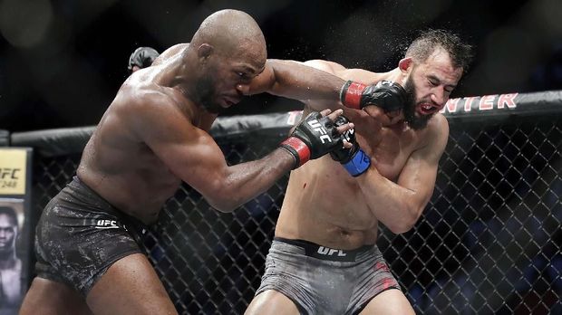 Jon Jones vs Dominick Reyes Jon Jones, left, connects with a punch to the face of Dominick Reyes, right, during a light heavyweight mixed martial arts bout at UFC 247 Sunday, Feb. 9, 2020, in Houston. (AP Photo/Michael Wyke)