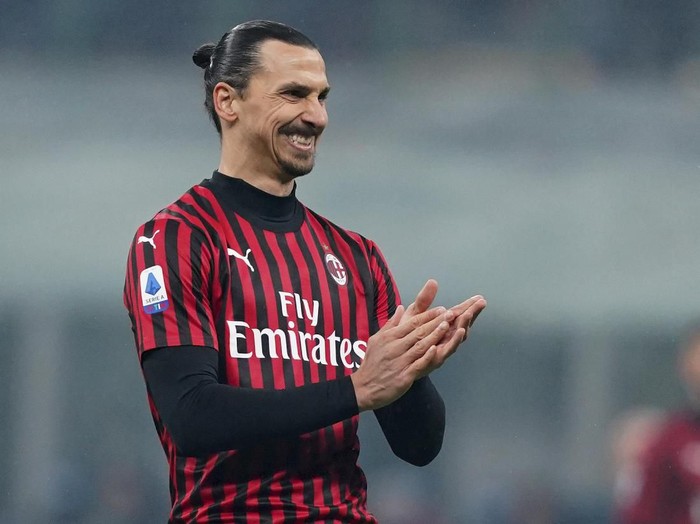 AC Milan's Zlatan Ibrahimovic reacts during the Serie A soccer match between Inter Milan and AC Milan at the San Siro Stadium, in Milan, Italy, Sunday, Feb. 9, 2020. (Spada/Lapresse via AP)