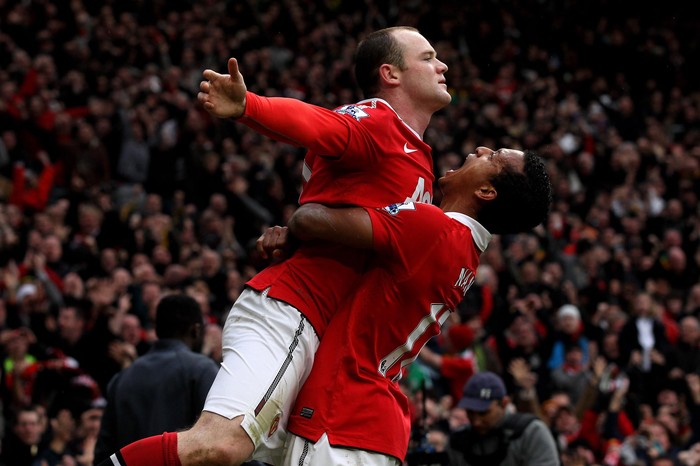 MANCHESTER, ENGLAND - FEBRUARY 12:  Wayne Rooney of Manchester United celebrates with teammate Nani (R) after he scores a goal from an overhead kick during the Barclays Premier League match between Manchester United and Manchester City at Old Trafford on February 12, 2011 in Manchester, England.  (Photo by Alex Livesey/Getty Images)