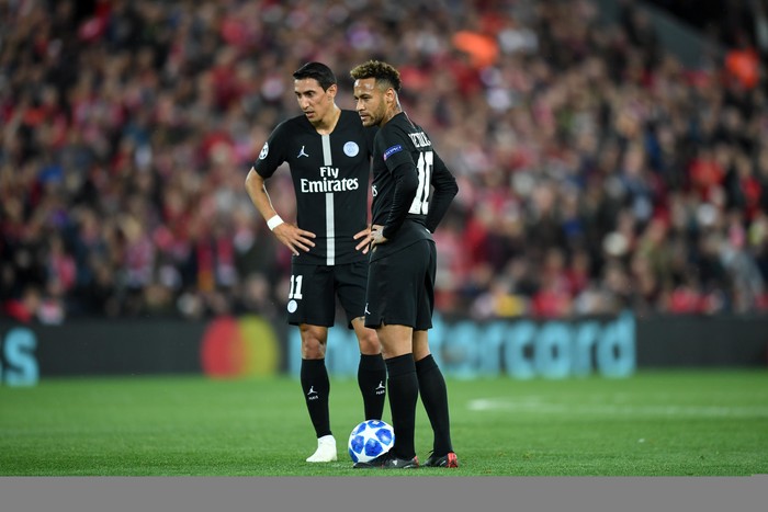 LIVERPOOL, ENGLAND - SEPTEMBER 18:  Neymar and Angel Di Maria of Paris Saint-Germain prepare to kick-off after conceding the first goal during the Group C match of the UEFA Champions League between Liverpool and Paris Saint-Germain at Anfield on September 18, 2018 in Liverpool, United Kingdom.  (Photo by Michael Regan/Getty Images)