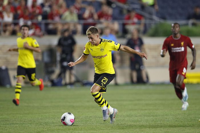 Thorgan Hazard SOUTH BEND, IN - JULY 19: Thorgan Hazard #23 of Borussia Dortmund controls the ball against Liverpool FC in the second half of the pre-season friendly match at Notre Dame Stadium on July 19, 2019 in South Bend, Indiana. (Photo by Joe Robbins/Getty Images)