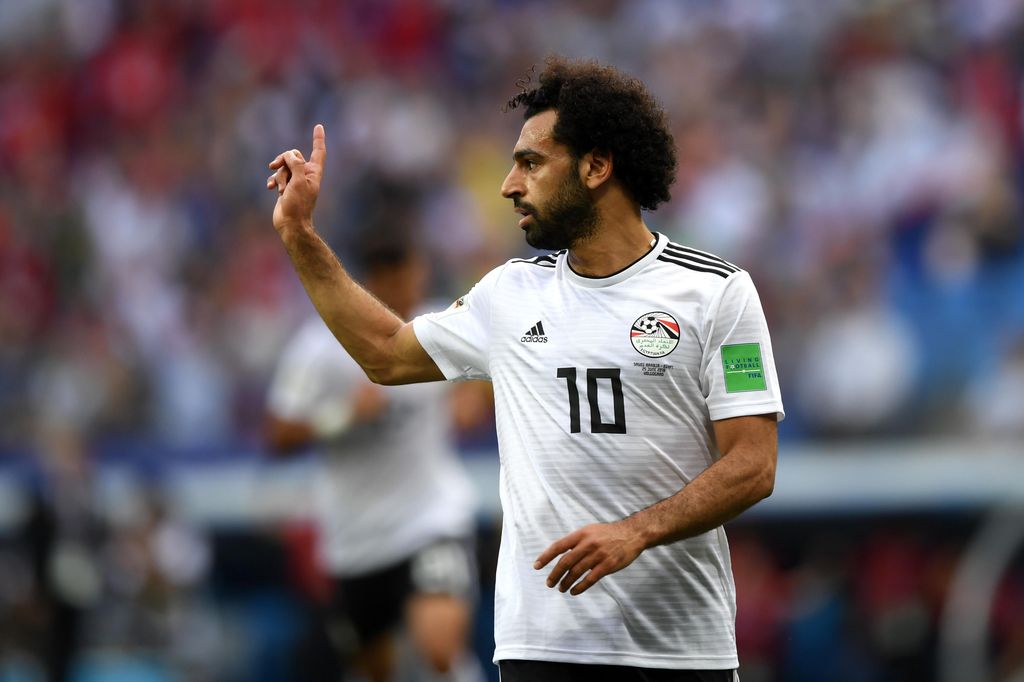 VOLGOGRAD, RUSSIA - JUNE 25:  Mohamed Salah of Egypt celebrates after scoring his sides opening goal during the 2018 FIFA World Cup Russia group A match between Saudia Arabia and Egypt at Volgograd Arena on June 25, 2018 in Volgograd, Russia.  (Photo by Shaun Botterill/Getty Images)