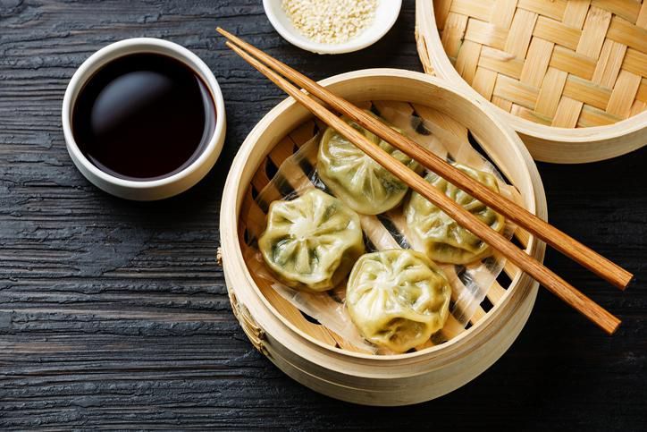 Chinese brunch - dim sum - shanghai pork dumplings and prawn dumplings with vinegar and ginger sauce.