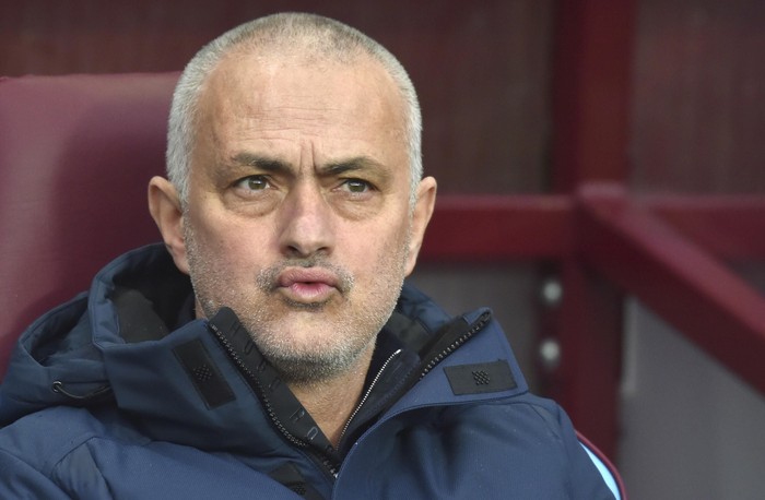 Tottenham's manager Jose Mourinho waits for the start of the English Premier League soccer match between Aston Villa and Tottenham Hotspur at Villa Park in Birmingham, England, Sunday, Feb. 16, 2020. (AP Photo/Rui Vieira)