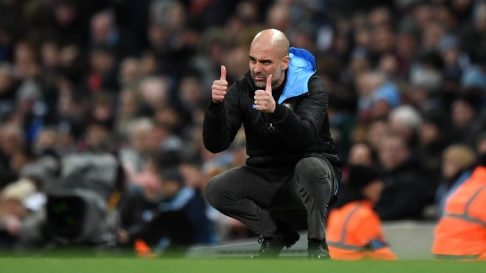 MANCHESTER, ENGLAND - JANUARY 29: Pep Guardiola, Manager of Manchester City reacts during the Carabao Cup Semi Final match between Manchester City and Manchester United at Etihad Stadium on January 29, 2020 in Manchester, England. (Photo by Shaun Botterill/Getty Images)