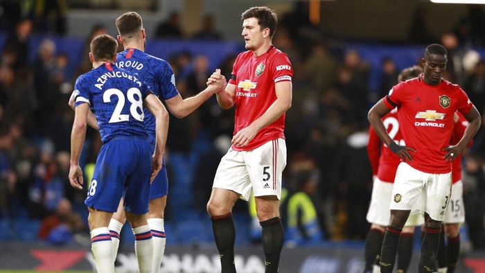 Harry Maguire, Chelsea vs Man United Manchester Uniteds Harry Maguire, 5, reacts with Chelseas Olivier Giroud after their English Premier League soccer match at Stamford Bridge in London, England, Monday, Feb. 17, 2020. (AP Photo/Ian Walton)