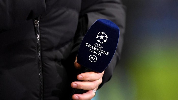 MANCHESTER, ENGLAND - OCTOBER 22: The Champions League and BT Sport logos are seen on a microphone prior to the UEFA Champions League group C match between Manchester City and Atalanta at Etihad Stadium on October 22, 2019 in Manchester, United Kingdom. (Photo by Michael Regan/Getty Images)