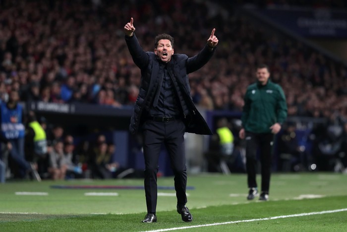 MADRID, SPAIN - FEBRUARY 18: Diego Simeone, Manager of Atletico Madrid reacts during the UEFA Champions League round of 16 first leg match between Atletico Madrid and Liverpool FC at Wanda Metropolitano on February 18, 2020 in Madrid, Spain. (Photo by Gonzalo Arroyo Moreno/Getty Images)
