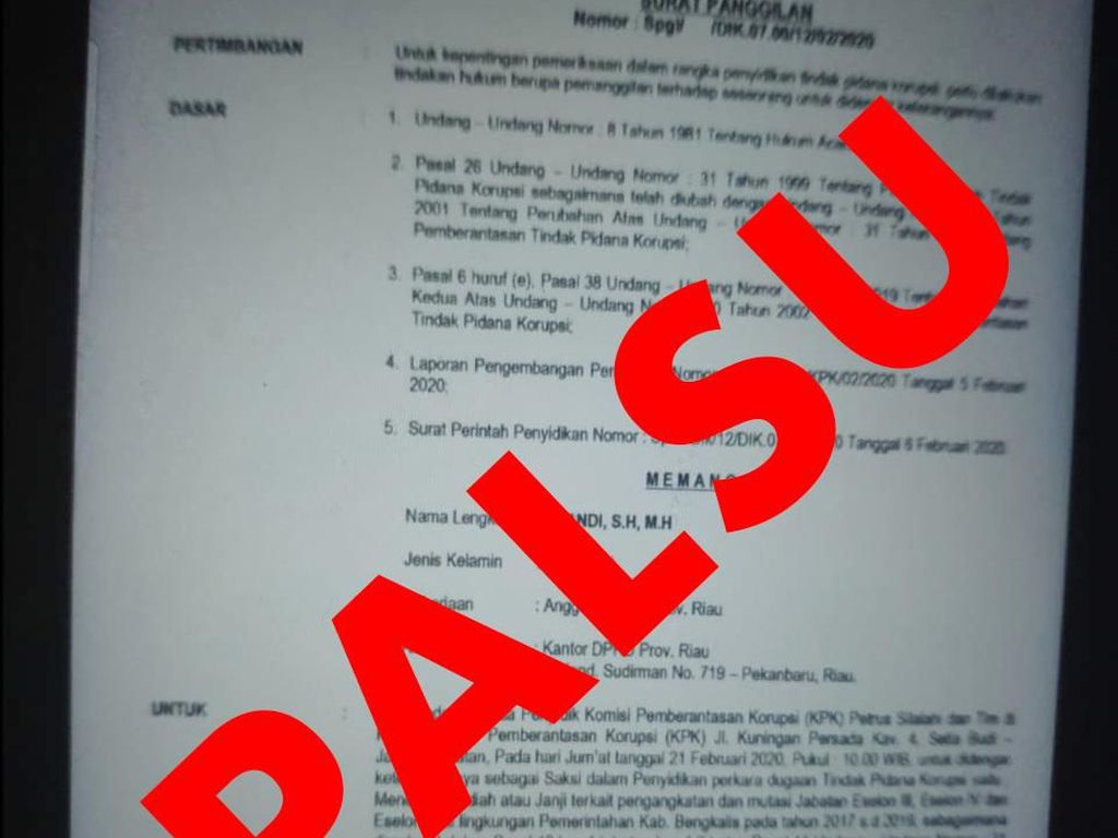 KPK Tegaskan Surat Panggilan untuk Anggota DPRD Riau Palsu KPK Tegaskan Surat Panggilan untuk Anggota DPRD Riau Palsu