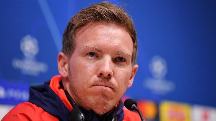 LONDON, ENGLAND - FEBRUARY 18: Julian Nagelsmann, Head Coach of RB Leipzig reacts during the RB Leipzig Press Conference on the eve of the UEFA Champions League Round of 16 First Leg match between Tottenham Hotspur and RB Leipzig at the Tottenham Hotspur Stadium on February 18, 2020 in London, England. (Photo by Justin Setterfield/Getty Images)