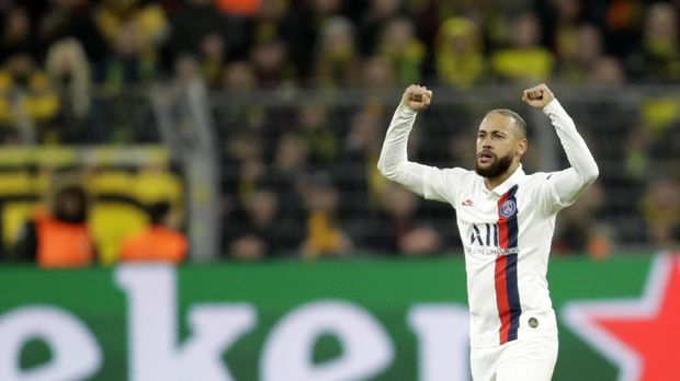 PSG's Neymar celebrates after scoring his side's opening goal during the Champions League round of 16 first leg soccer match between Borussia Dortmund and Paris Saint Germain in Dortmund, Germany, Tuesday, Feb. 18, 2020. (AP Photo/Michael Probst)