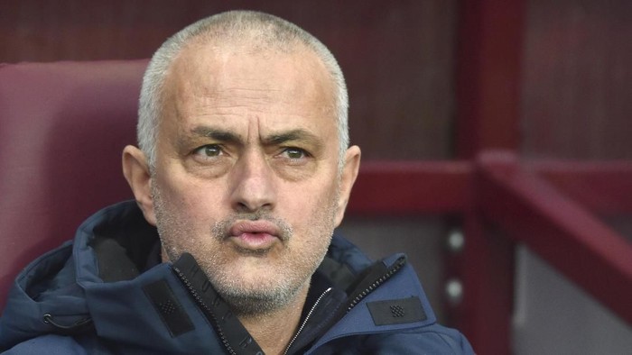 Tottenhams manager Jose Mourinho waits for the start of the English Premier League soccer match between Aston Villa and Tottenham Hotspur at Villa Park in Birmingham, England, Sunday, Feb. 16, 2020. (AP Photo/Rui Vieira)