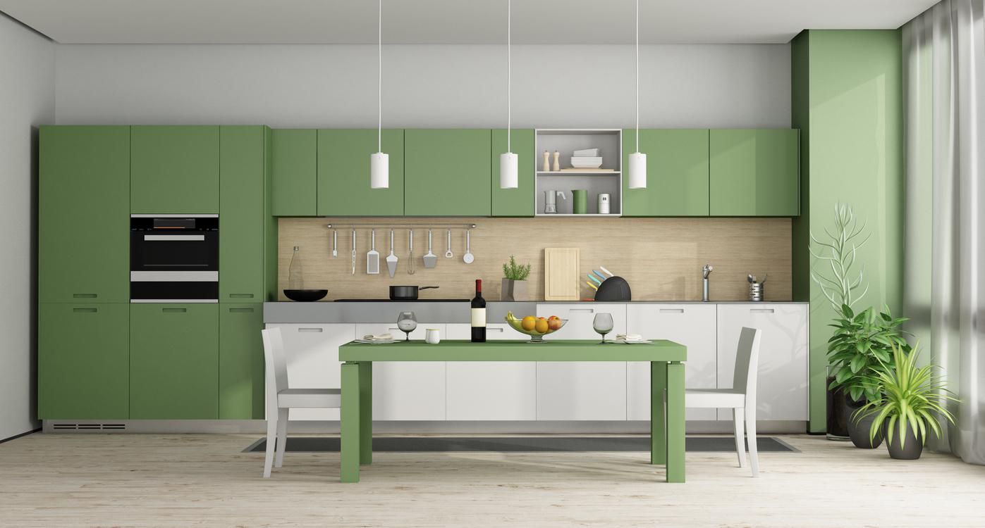 Green and white modern kitchen with dining table - 3d renderingNote: the room does not exist in reality, Property model is not necessary