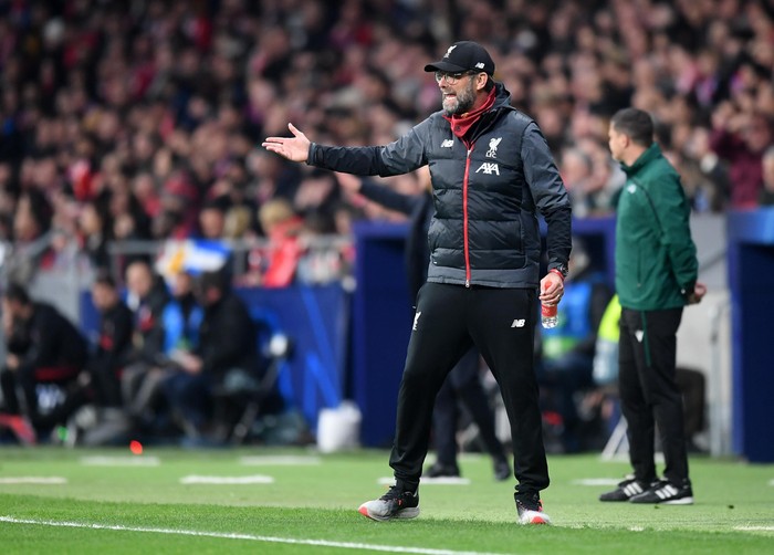 MADRID, SPAIN - FEBRUARY 18: Jurgen Klopp, Manager of Liverpool reacts during the UEFA Champions League round of 16 first leg match between Atletico Madrid and Liverpool FC at Wanda Metropolitano on February 18, 2020 in Madrid, Spain. (Photo by Michael Regan/Getty Images)