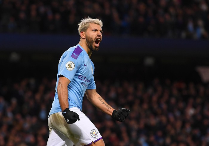 BRIGHTON, ENGLAND - MAY 12: Sergio Aguero of Manchester City  celebrates with the Premier League Trophy after winning the title following the Premier League match between Brighton & Hove Albion and Manchester City at American Express Community Stadium on May 12, 2019 in Brighton, United Kingdom. (Photo by  Shaun Botterill/Getty Images)