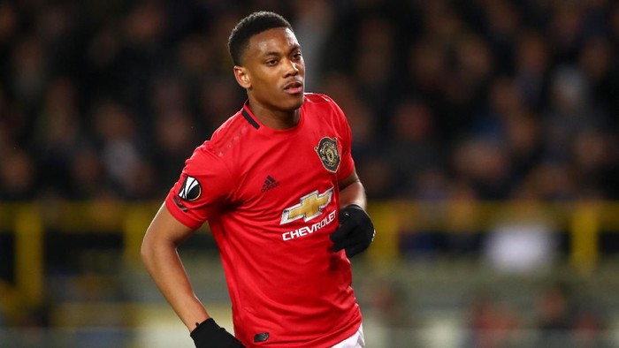 BRUGGE, BELGIUM - FEBRUARY 20:  Anthony Martial of Manchester United celebrates after scoring his teams first goal during the UEFA Europa League round of 32 first leg match between Club Brugge and Manchester United at Jan Breydel Stadium on February 20, 2020 in Brugge, Belgium. (Photo by Dean Mouhtaropoulos/Getty Images)